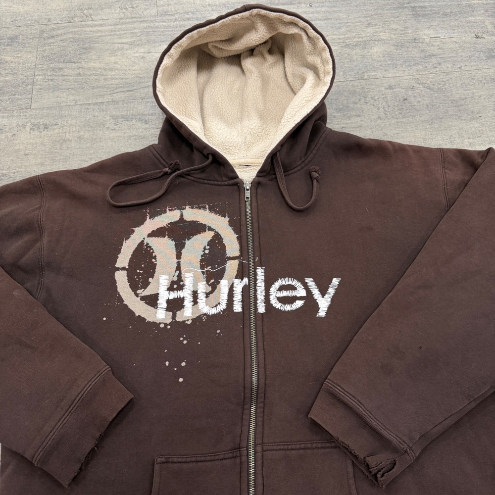 Hurley Hoodie Mens XL Brown Sherpa Lined Full Zip Graphic Logo Skater Surf Sweat